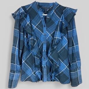 500 Maison Cinqcent Blue Plaid Button Down Shirt Size XS